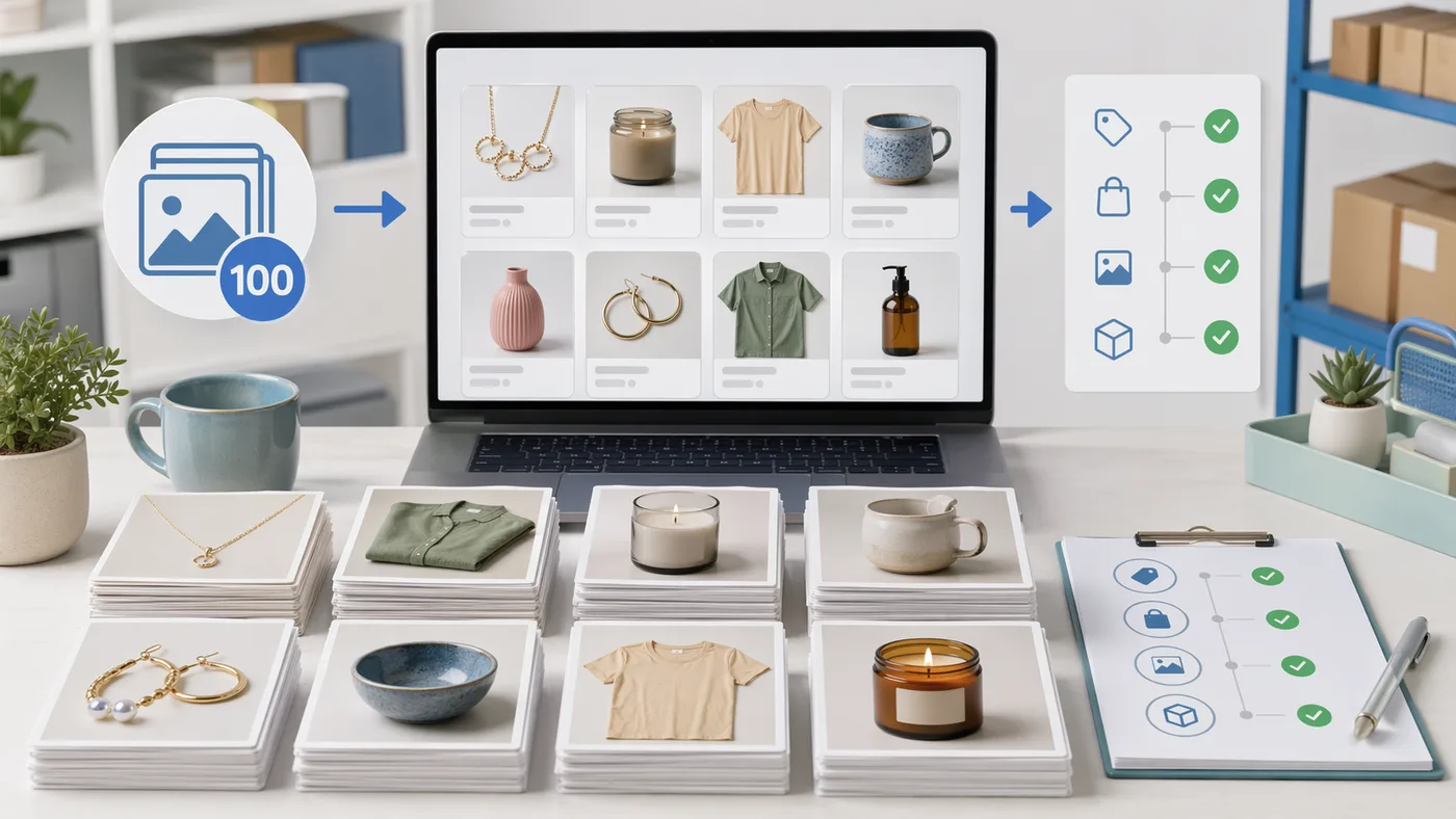 Organized product photo batches moving into reviewed Shopify listings