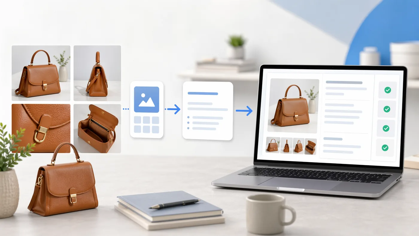 Product photos moving into an editable Shopify product listing for merchant review