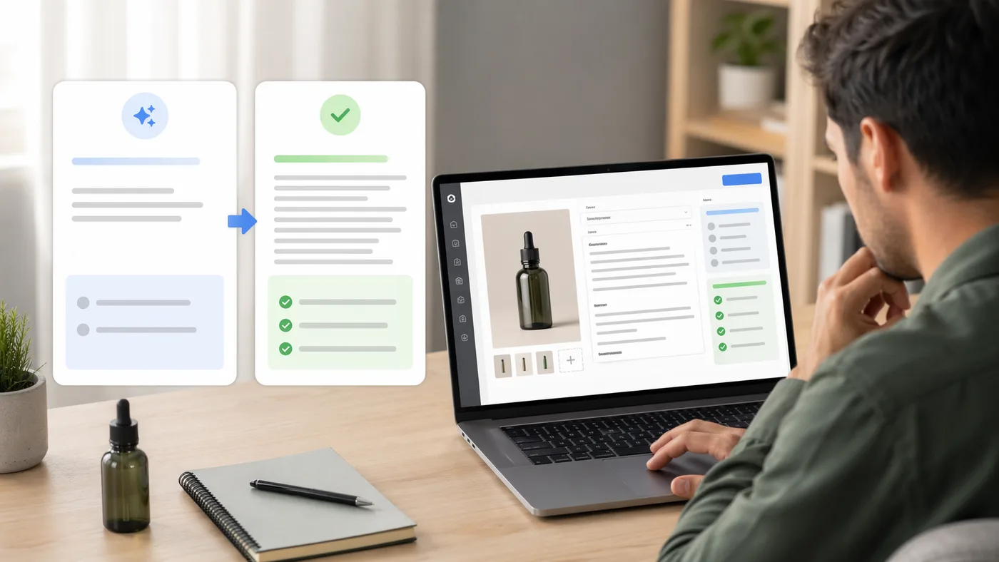 Merchant reviewing an AI-generated product description before publishing